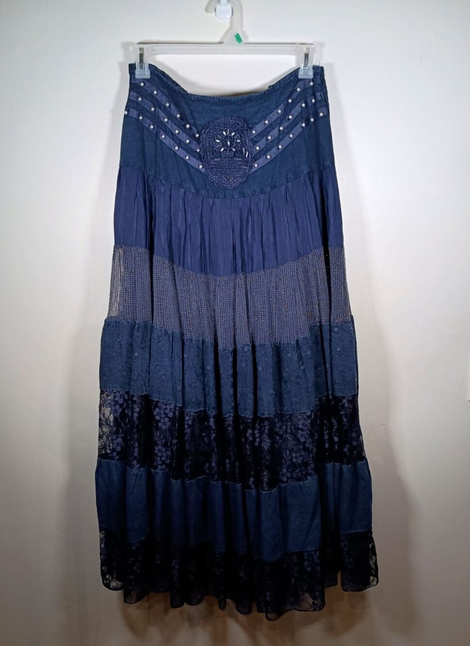 Vintage Terry Chambray Lace Midi Witchy Full Tiered Smocked Italy Dress Size M